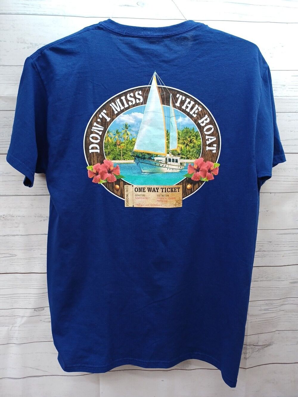 Vtg Blue T-Shirt Don't Miss the Boat Hibiscus Tropical Island Paradise Sz M